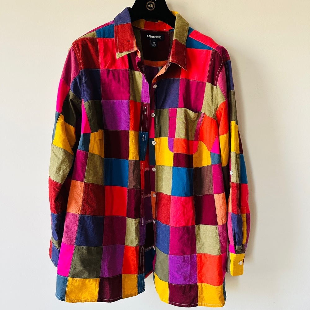 Lands'end Colorful Patchwork Button Down Shirt 10… - image 3
